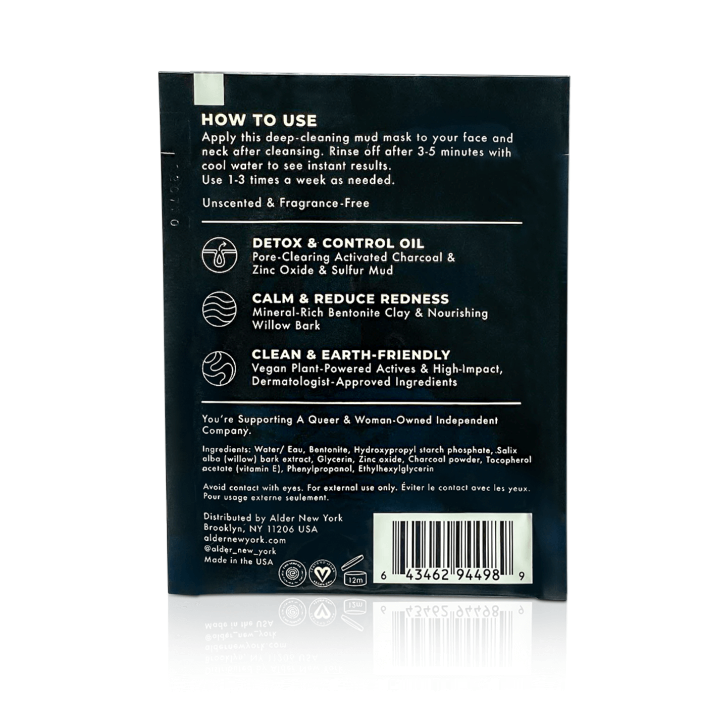 Alder new york clarifying face mask travel size single packet back view showing the ingredients list