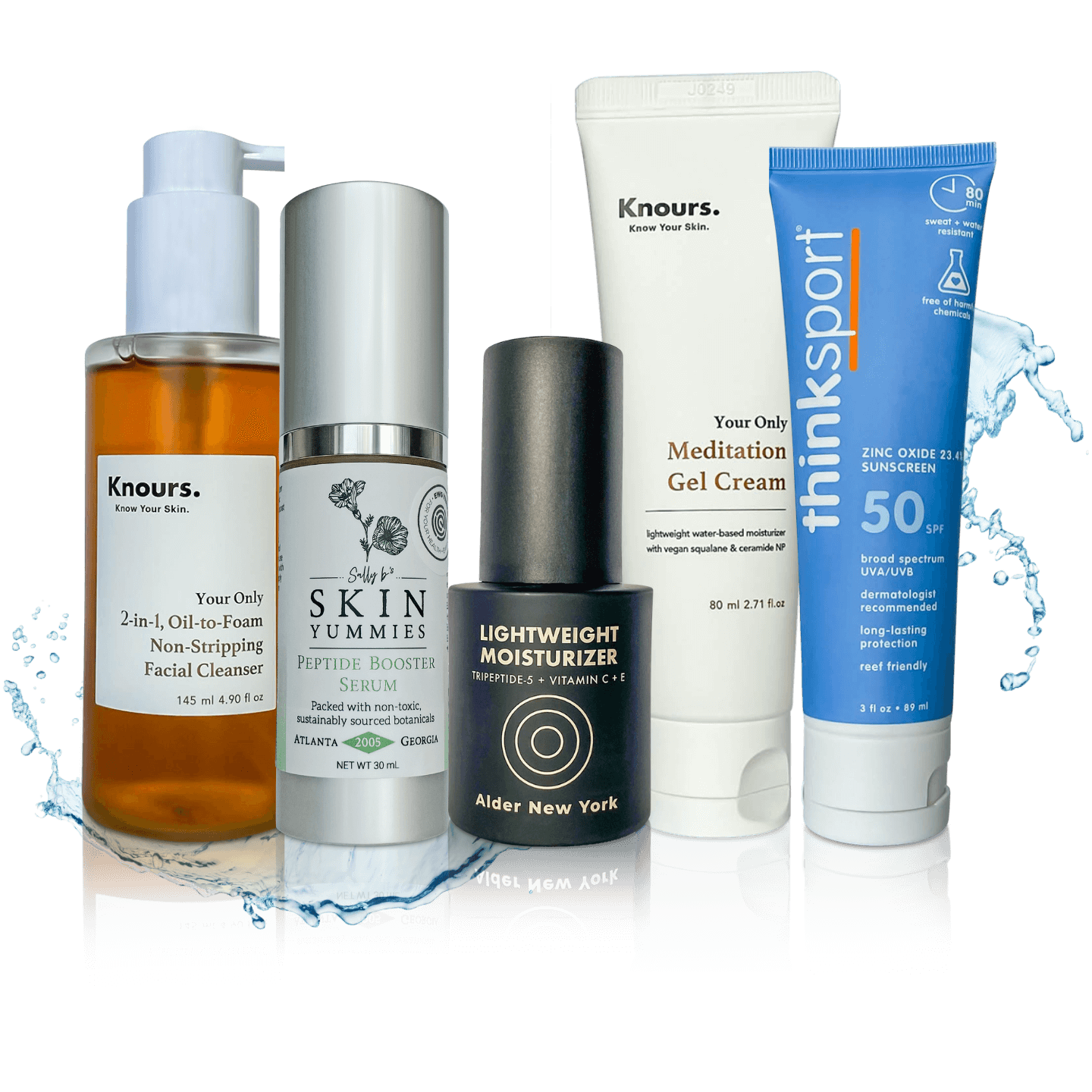 EWG verified Clear skin bundle with sun protection spf50 5-step skincare routine with water splash background