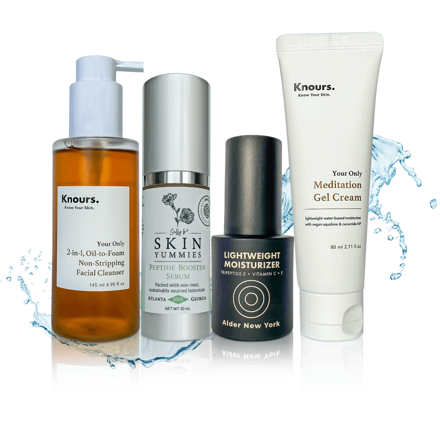 EWG verified clear skin flooding bundle glow up starter kit four-step skincare routine with water splash background