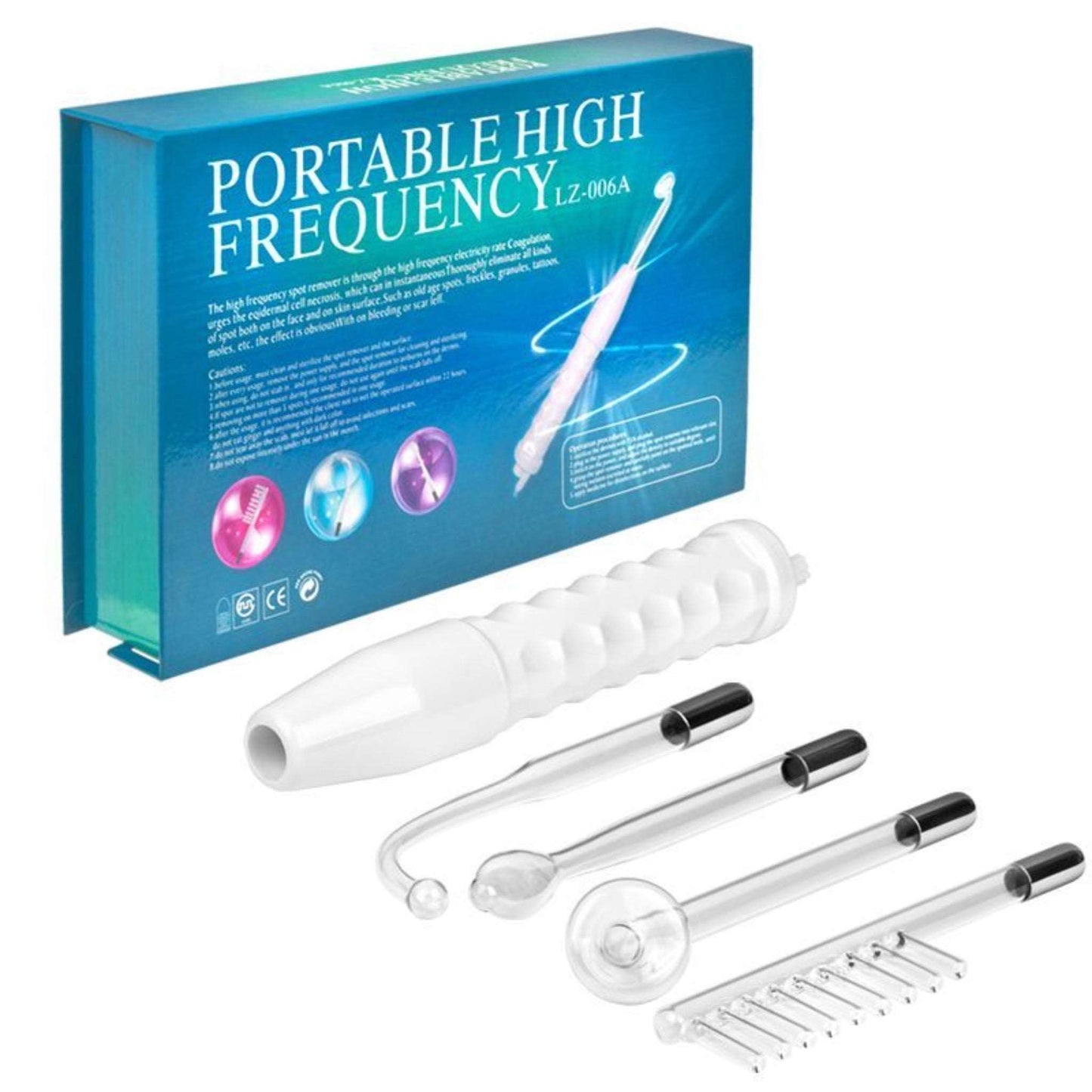 high frequency wand with 4 tubes on display outside a blue box