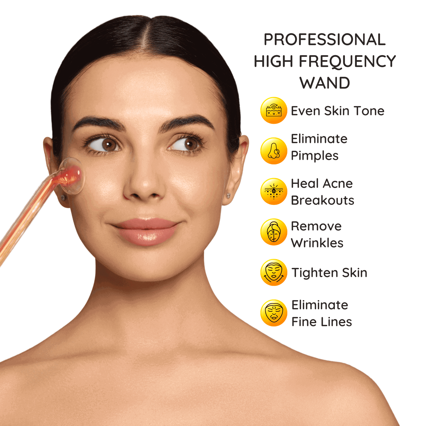 smiling woman beside a list of six benefits of the high frequency wand