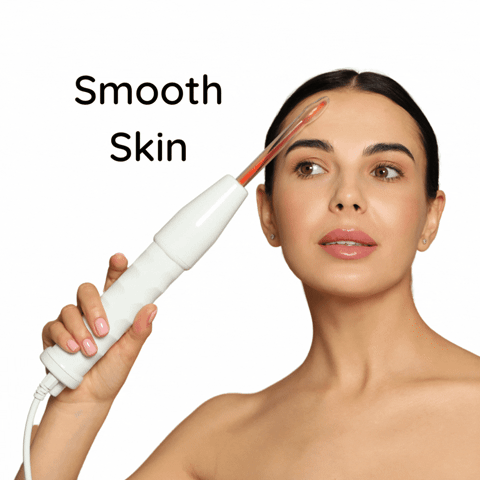 woman smoothing her skin with the high frequency wand portable skincare device