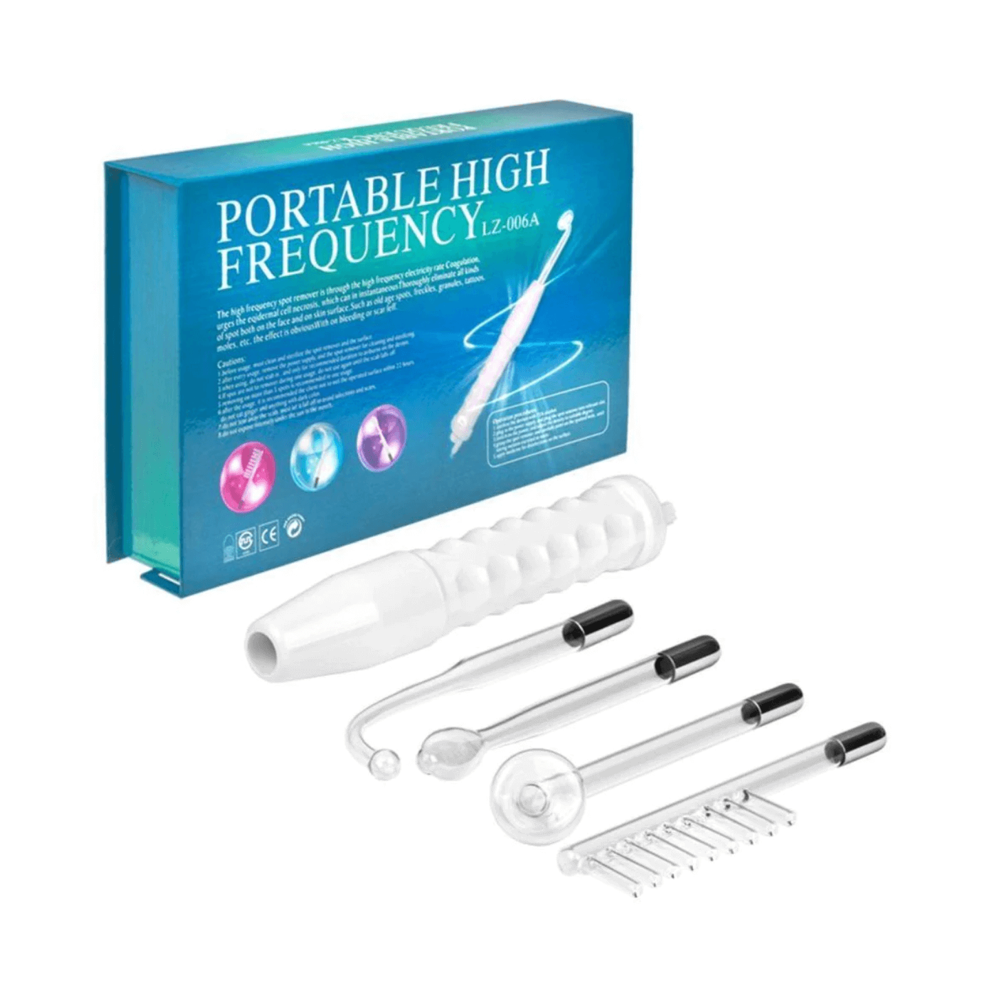 High frequency wand portable skincare device with handheld base and 4 glass tubes outside box
