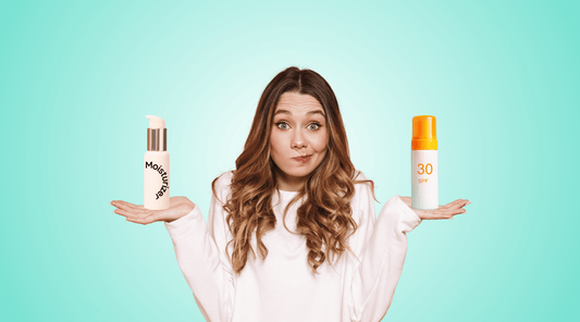 confused woman holding bottles of moisturizer and sunscreen in her hands