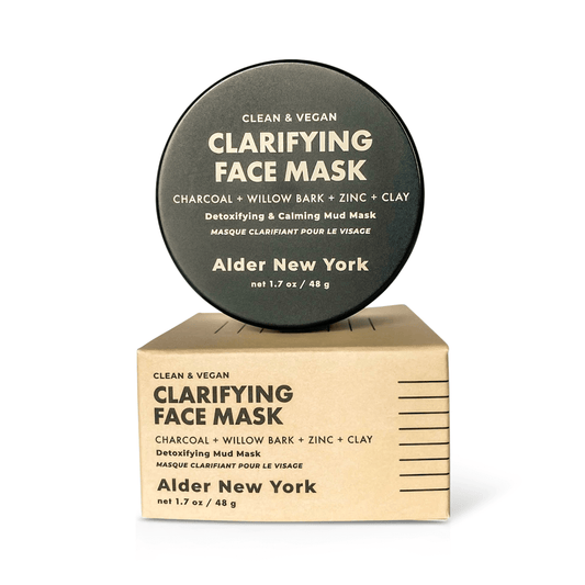 Alder new york clarifying face mask on top of box packaging