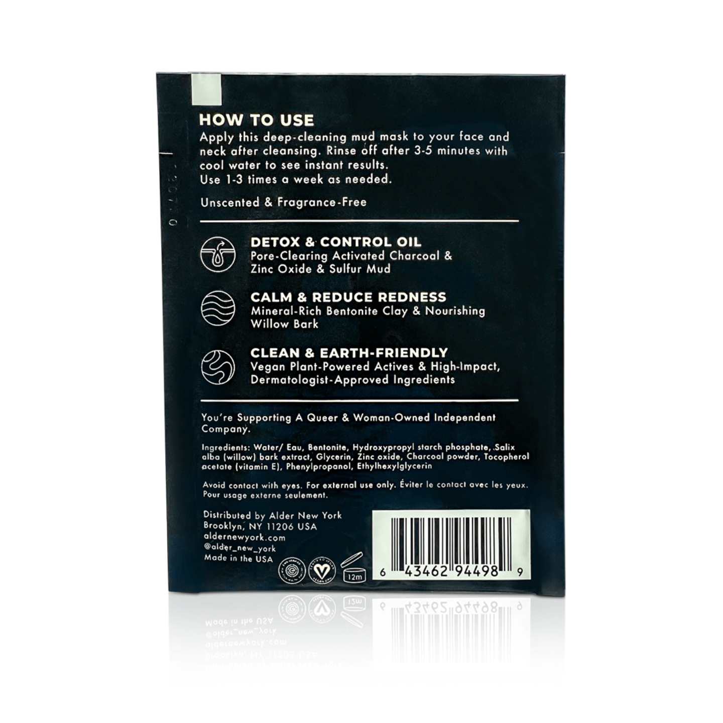 Alder new york clarifying face mask travel size back of a single packet showing the ingredient list