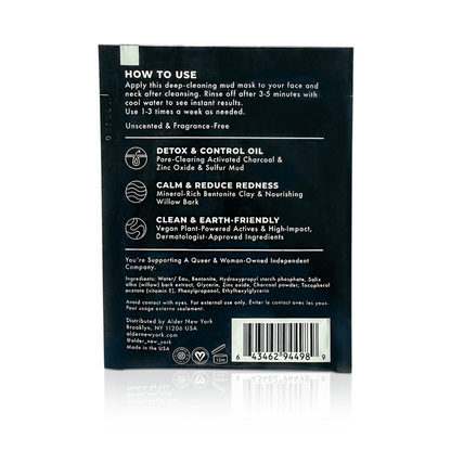 Alder new york clarifying face mask travel size single packet back view showing the ingredients list