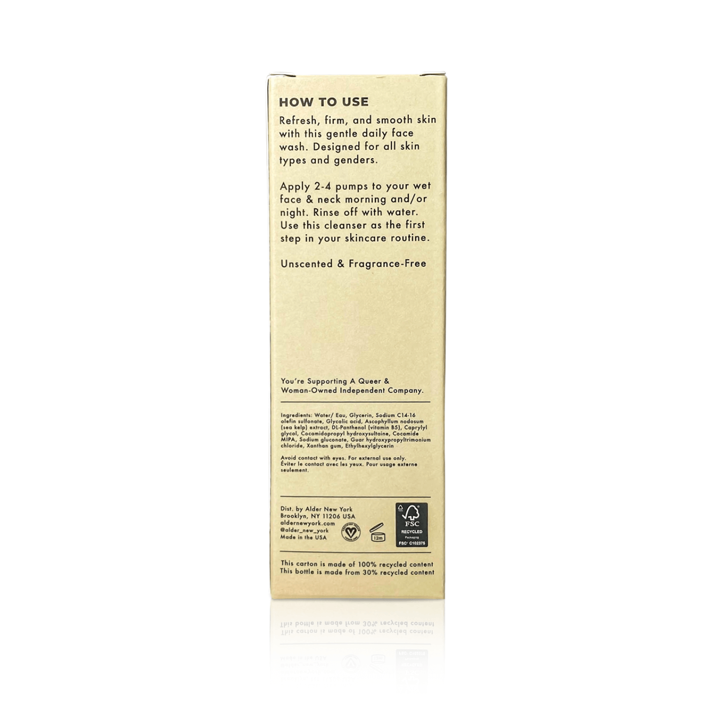 Alder new york everyday cleanser back of box showing the ingredients list