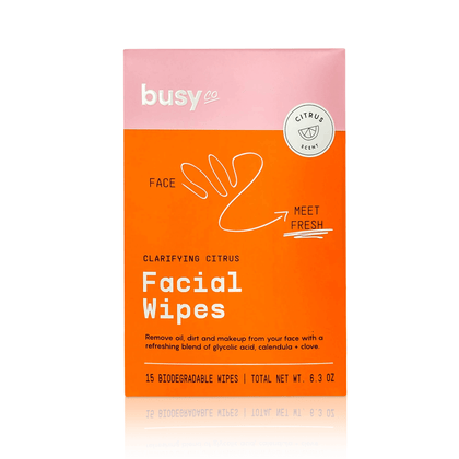 Busy Co clarifying citrus facial wipes  front of 15-pack box