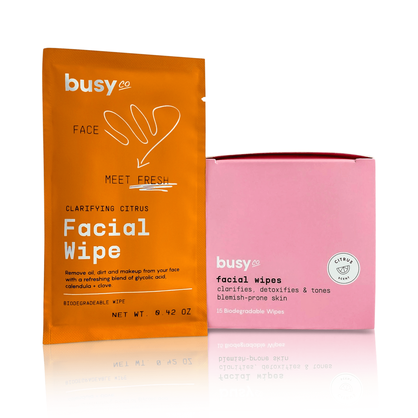 Busy Co clarifying citrus facial wipes single packet front label