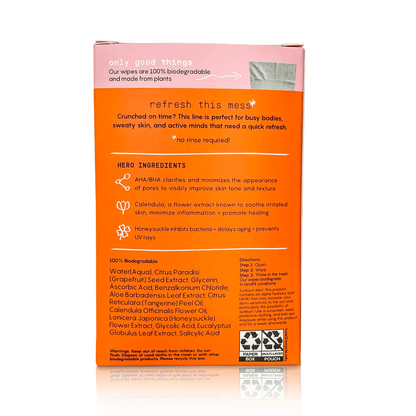 Busy Co clarifying citrus facial wipes ingredient list on back of box