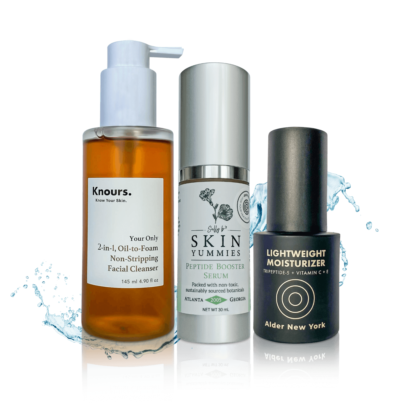 EWG verified Clear skin bundle glow up starter kit three-step skincare routine with water splash background