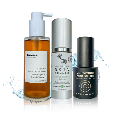 EWG verified Clear skin bundle glow up starter kit three-step skincare routine with water splash background