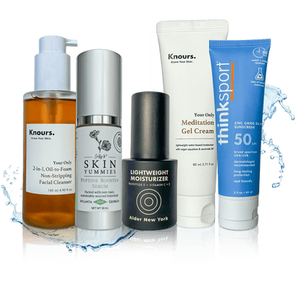 EWG verified Clear skin bundle with sun protection spf50 5-step skincare routine with water splash background