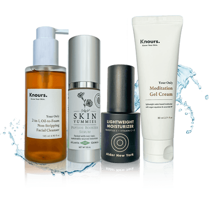 EWG verified clear skin flooding  bundle glow up starter kit four-step skincare routine with water splash background