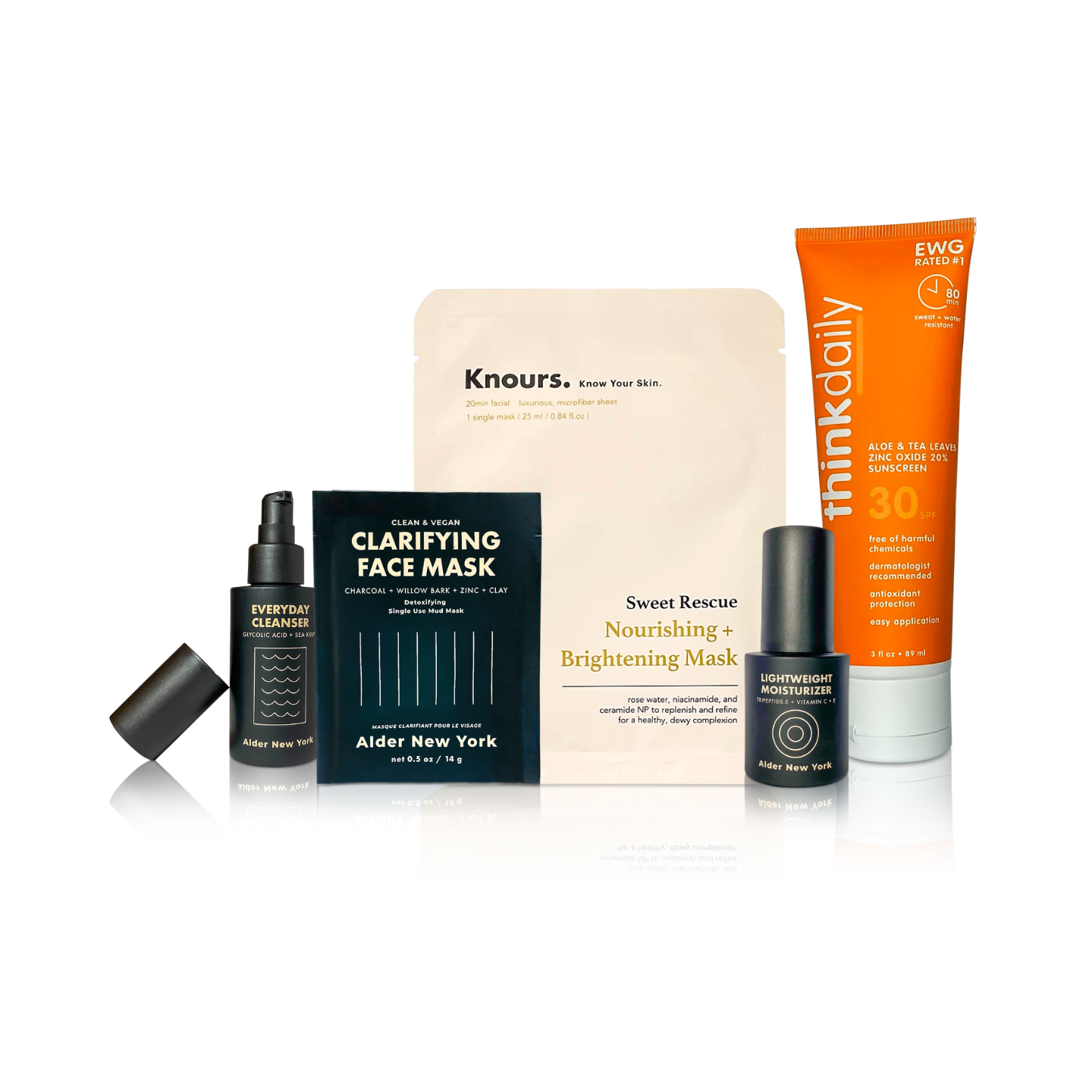 Collection of EWG verified skincare products including face masks, moisturizer, sunscreen and a cleanser