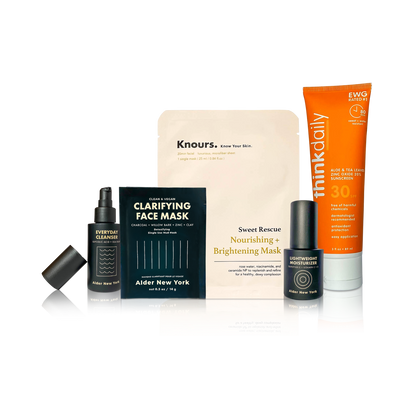 Collection of EWG verified skincare products including face masks, moisturizer, sunscreen and a cleanser