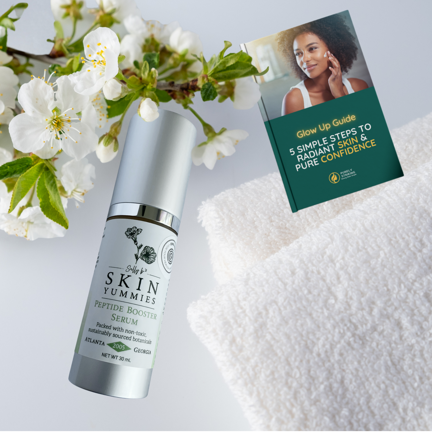 Hydra-Pep peptide face serum by Sally bs skin yummies with a towel and flowers on a light background