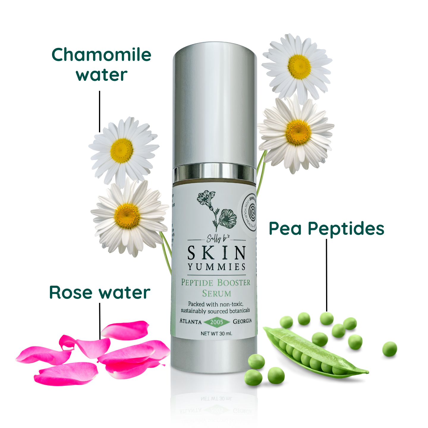 Hydra-Pep peptide face serum bottle by Sally bs skin yummies with chamomile flowers, rose petals, and pea pods on a white background