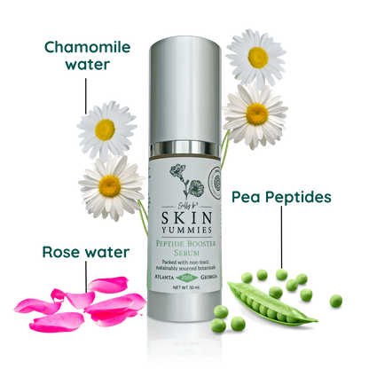 Hydra-Pep peptide face serum bottle by Sally bs skin yummies with chamomile flowers, rose petals, and pea pods on a white background