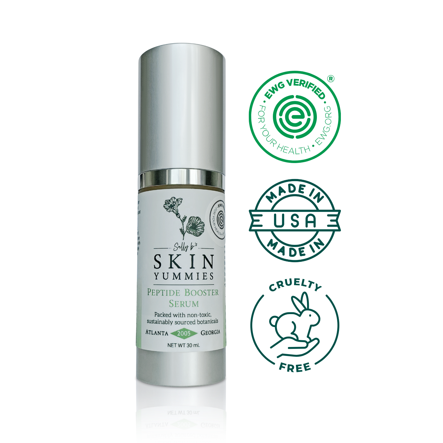 Sally Bs Skin Yummies Hydra-Pep peptide face serum by Sally bs skin yummies bottle with certification logos on a white background