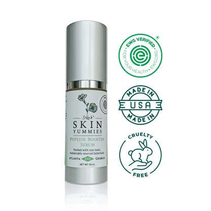 Sally Bs Skin Yummies Hydra-Pep peptide face serum by Sally bs skin yummies bottle with certification logos on a white background