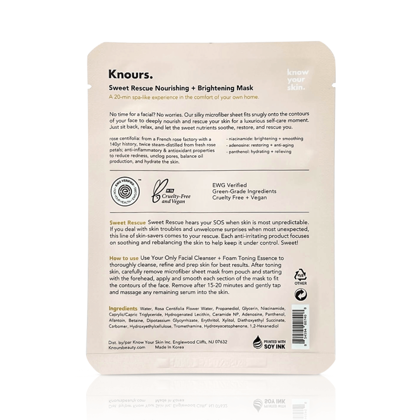 Knours sweet rescue nourishing brightening mask back of single packet ingredients list