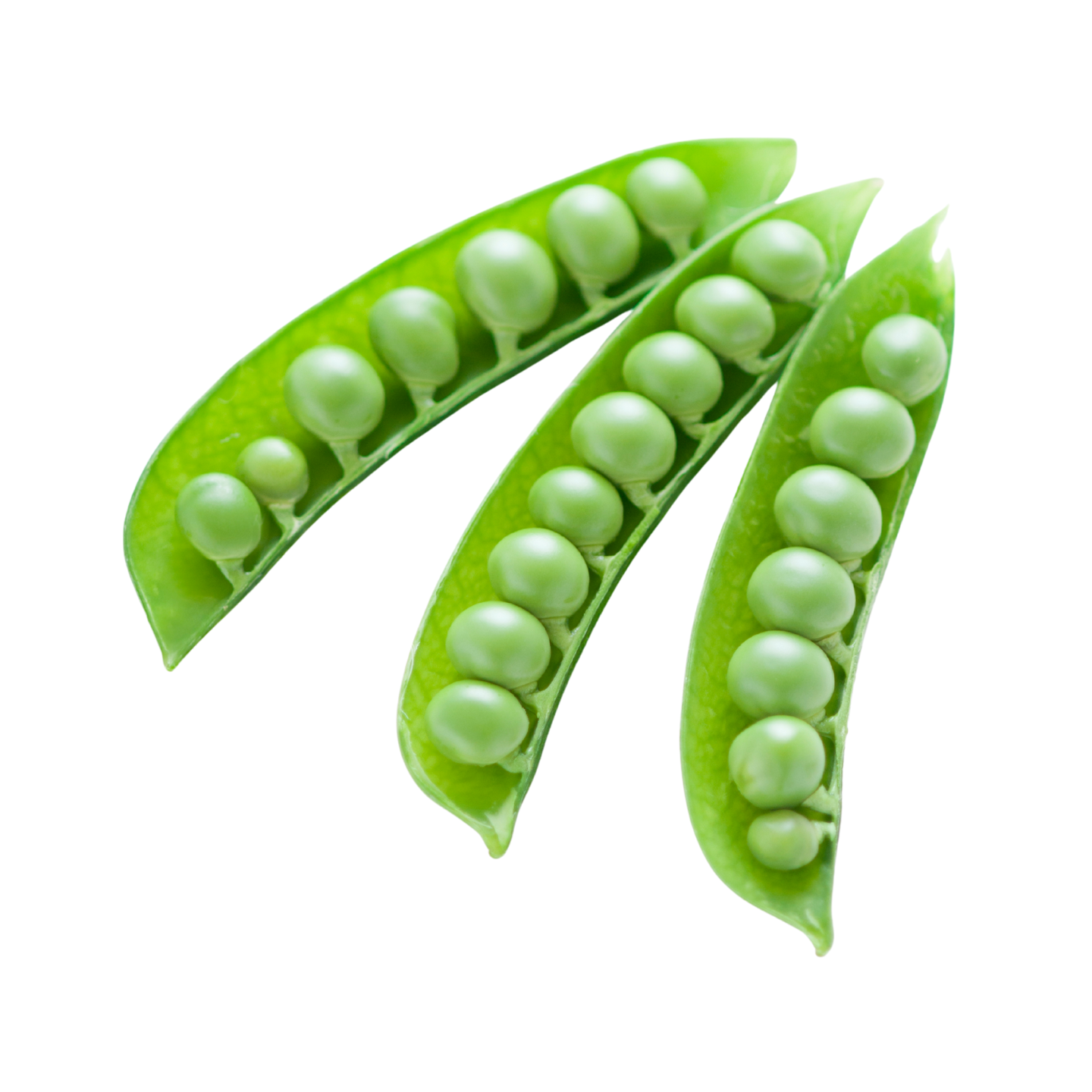 three green pea pod halves showing peas inside