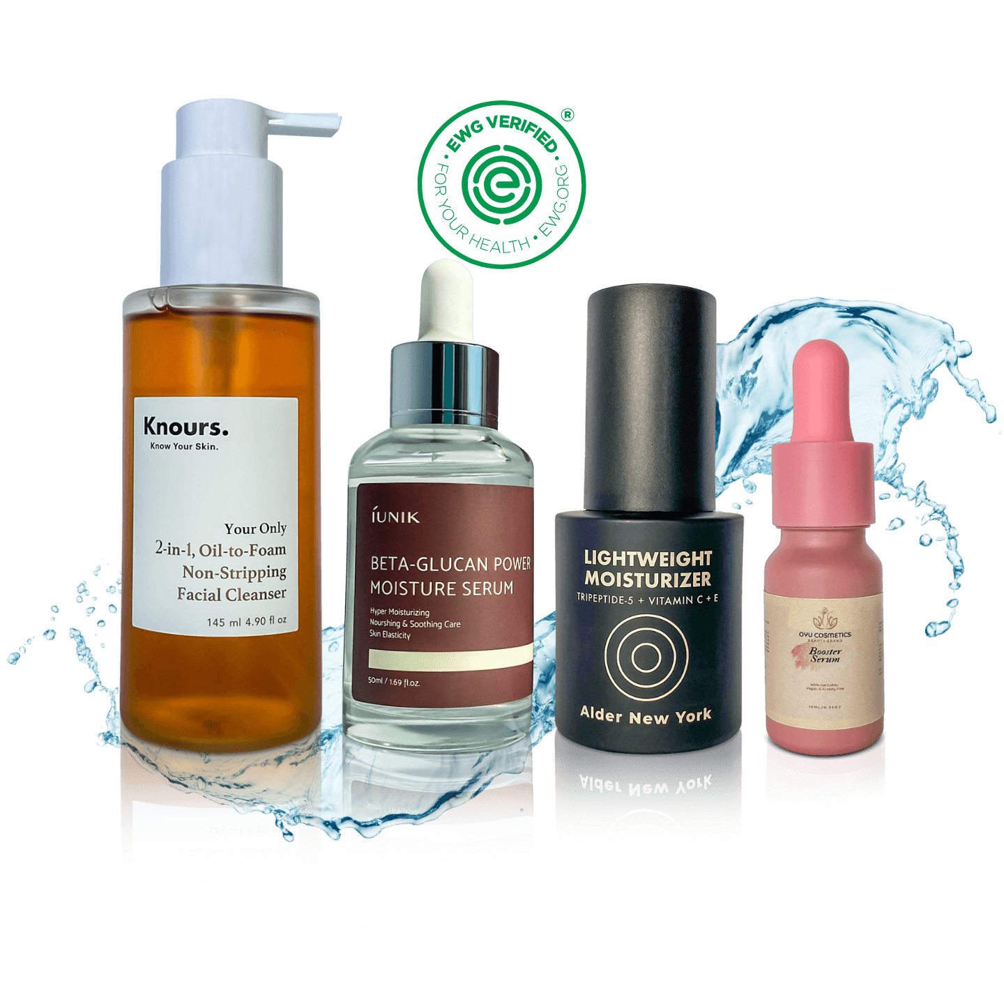 simple Nighttime skincare routine EWG verified clear skin hydration bundle for acne treatment. Four skincare products with visible branding on a black background