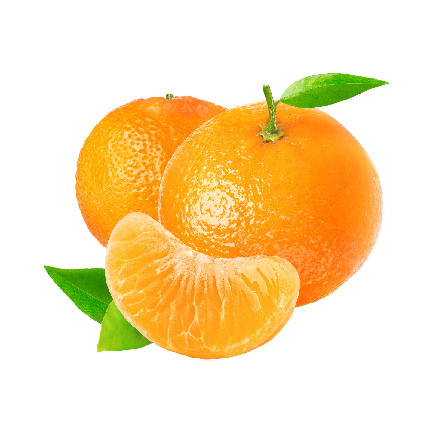Two whole oranges and a slice on a white background