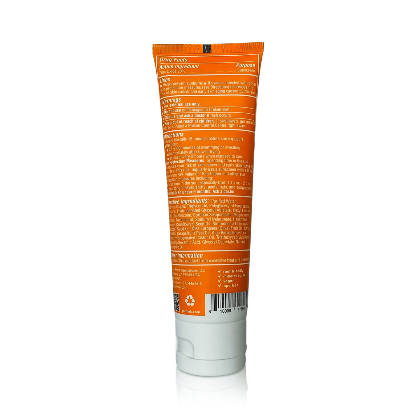 Think daily spf30 sunscreen with aloe back of tube ingredient list