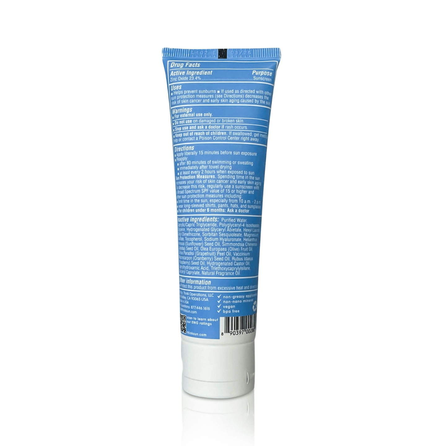 Think sport spf50 sunscreen back of tube ingredient list