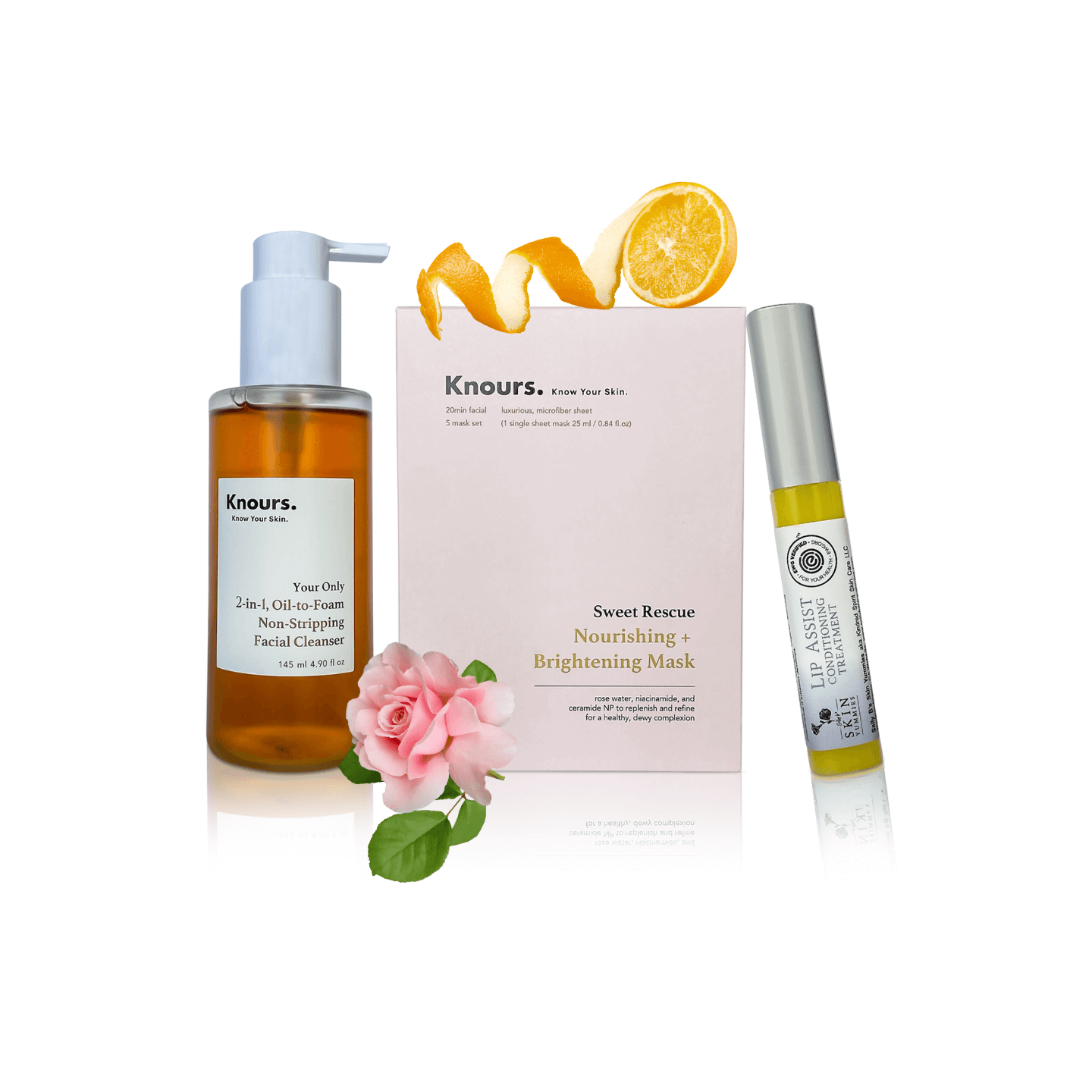 Valentines Day skincare set showing the knours 2 in 1 oil to foam double cleanser,  sweet rescue sheet mask and sally b's skin yummies lip balm